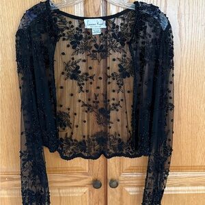 Laurence Kazar Black Embroidered Beaded Sheer Topper